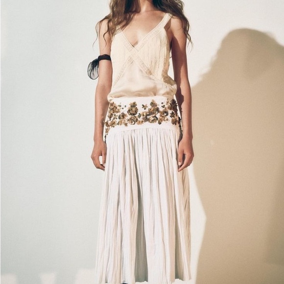 NWT Zara | White Gold Midi A-Line Skirt beaded bead lace - Picture 4 of 16